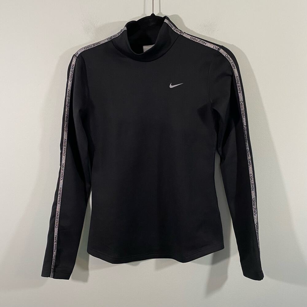 Nike Pro Women's Black Silver Glitter Tape Mock Neck Therma Fit Top Size S